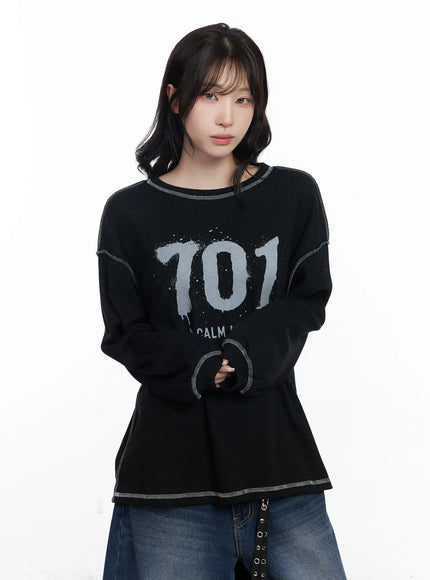 graphic-oversized-textured-long-sleeve-top-cj527 / Black