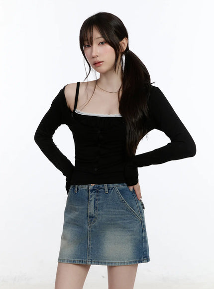 lace-trim-cami-top-and-square-neck-cardigan-set-ca502 / Black