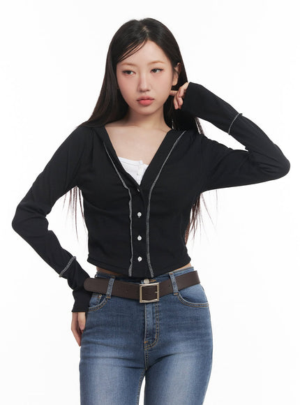 hooded-layered-crop-cardigan-cm531 / Black