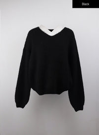 oversized-v-neck-solid-long-sleeve-sweater-oj411 / Black