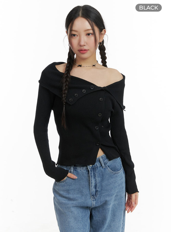 open-collar-buttoned-knit-top-om428 / Black