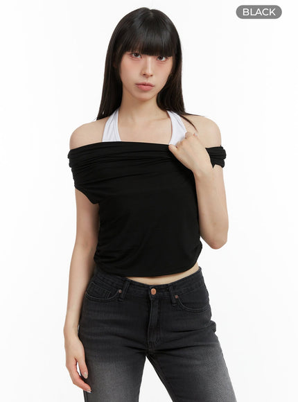 shirred-off-shoulder-crop-top-cl422 / Black