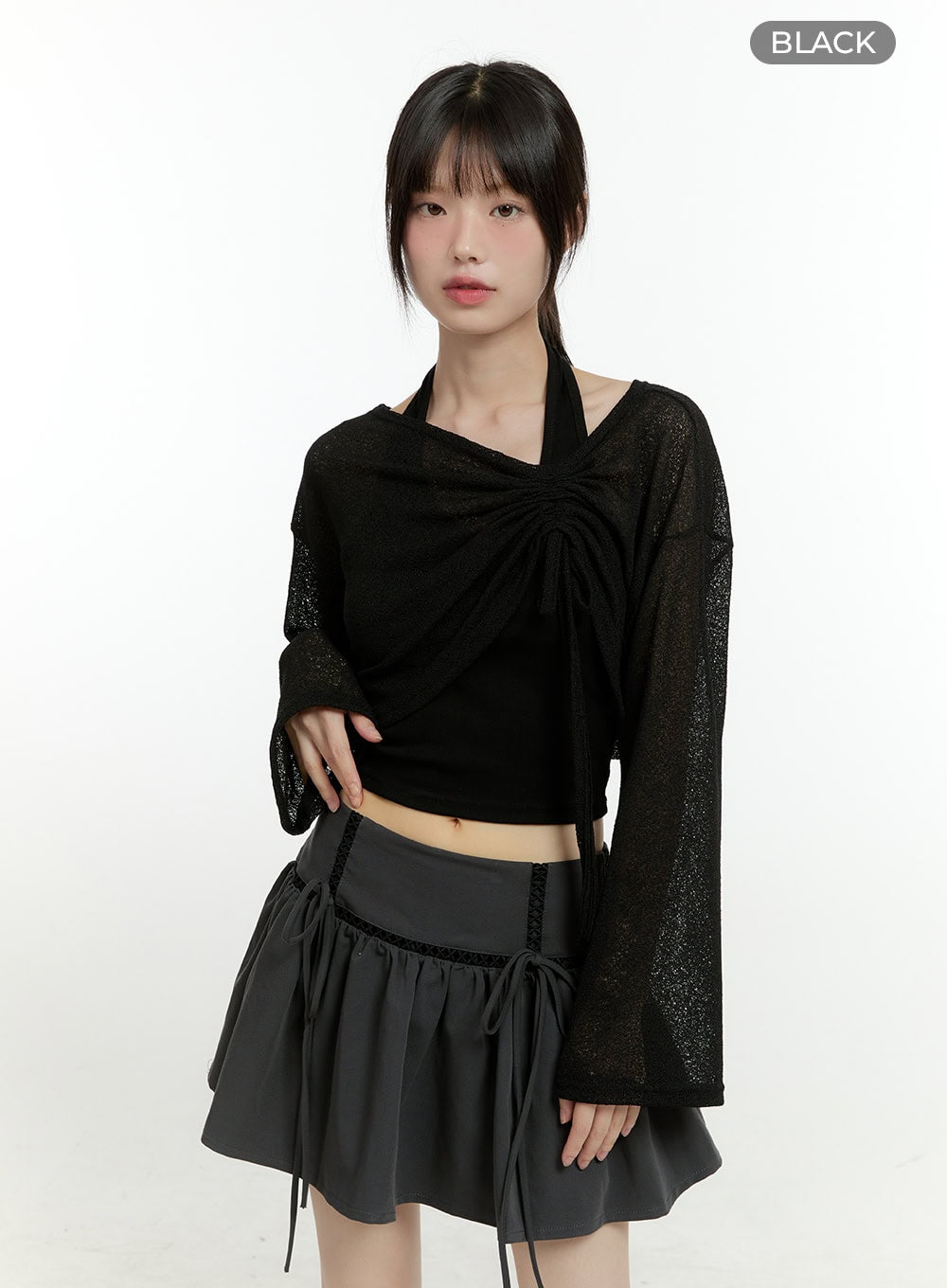 sheer-elegance-long-sleeve-crop-top-cg402 / Black