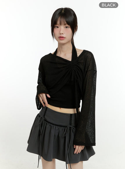 sheer-elegance-long-sleeve-crop-top-cg402 / Black
