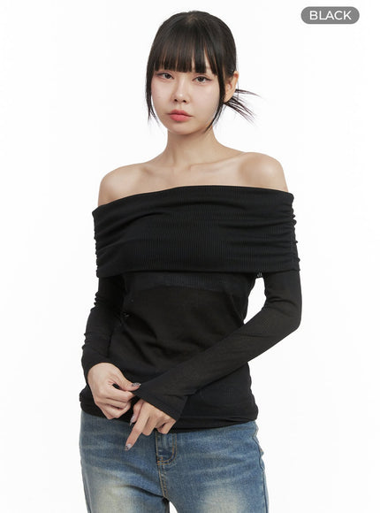 ribbed-off-shoulder-slim-fit-tshirt-oo401 / Black