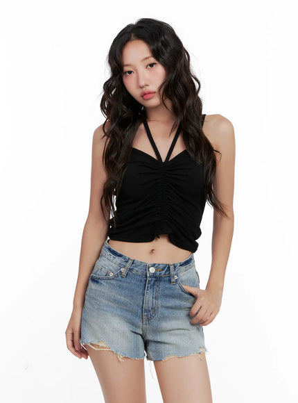 shirred-cropped-halter-tank-cl521 / Black