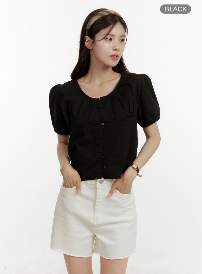 puff-sleeve-round-neck-blouse-oy409 / Black