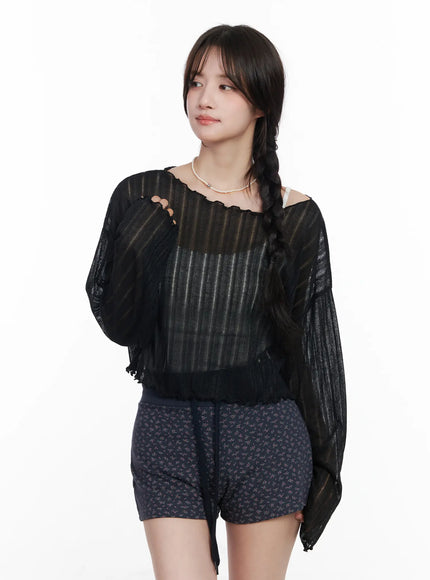 sheer-off-shoulder-long-sleeve-top-cm527 / Black
