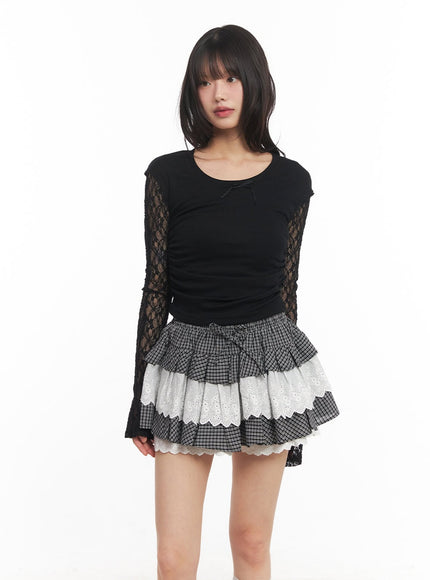 sheer-lace-long-sleeve-crop-top-ca522 / Black