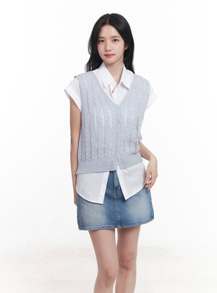 knit-buttoned-vest-top-cy523 / light blue