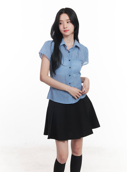 checkered-puff-button-blouse-top-cy526 / Blue