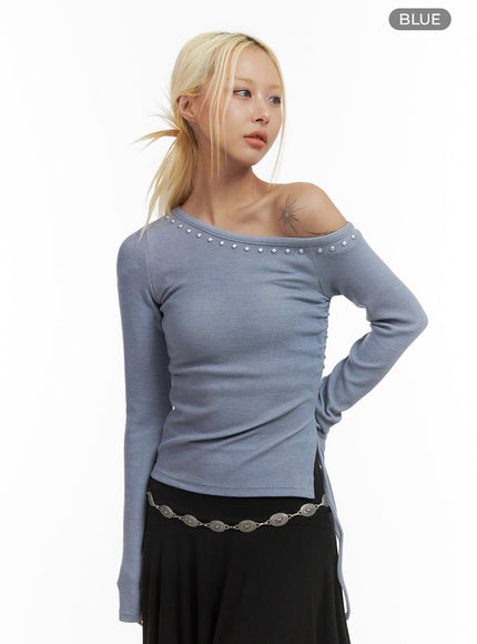 studded-slim-fit-one-shoulder-tee-co414 / Blue