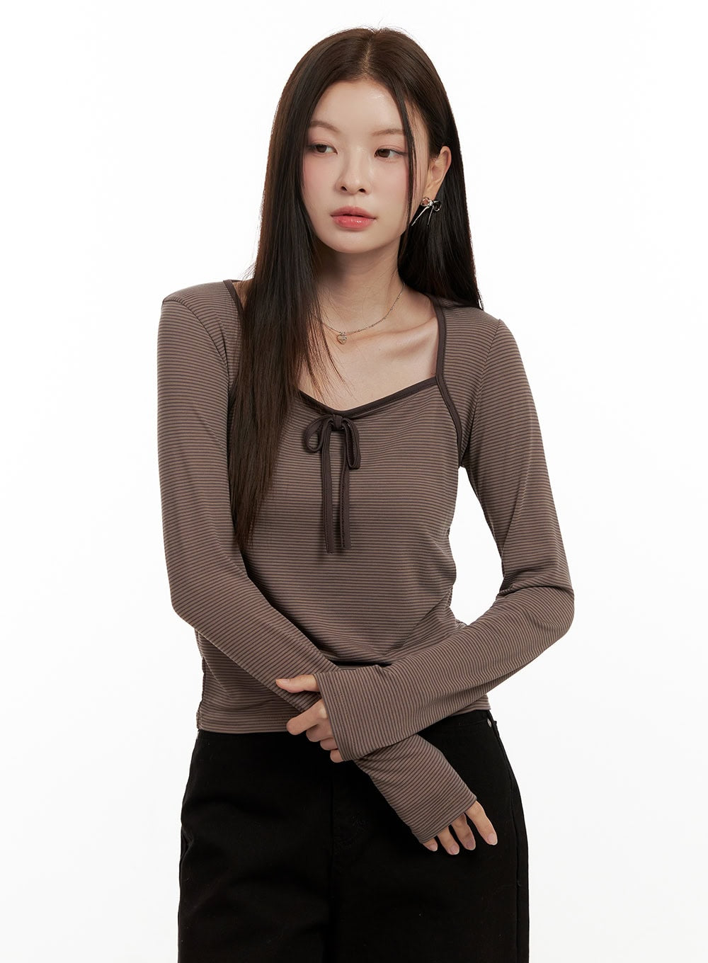 ribbon-stripe-square-neck-topon422 / Brown