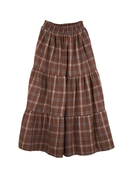 checkered-ruffle-maxi-skirt-od403 / Brown