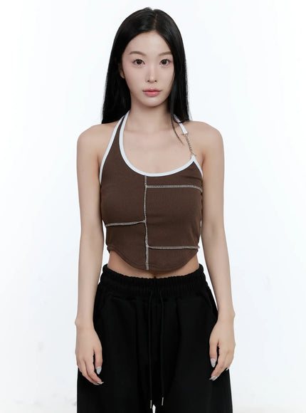 contrast-chain-accent-halter-tank-cl530 / Brown