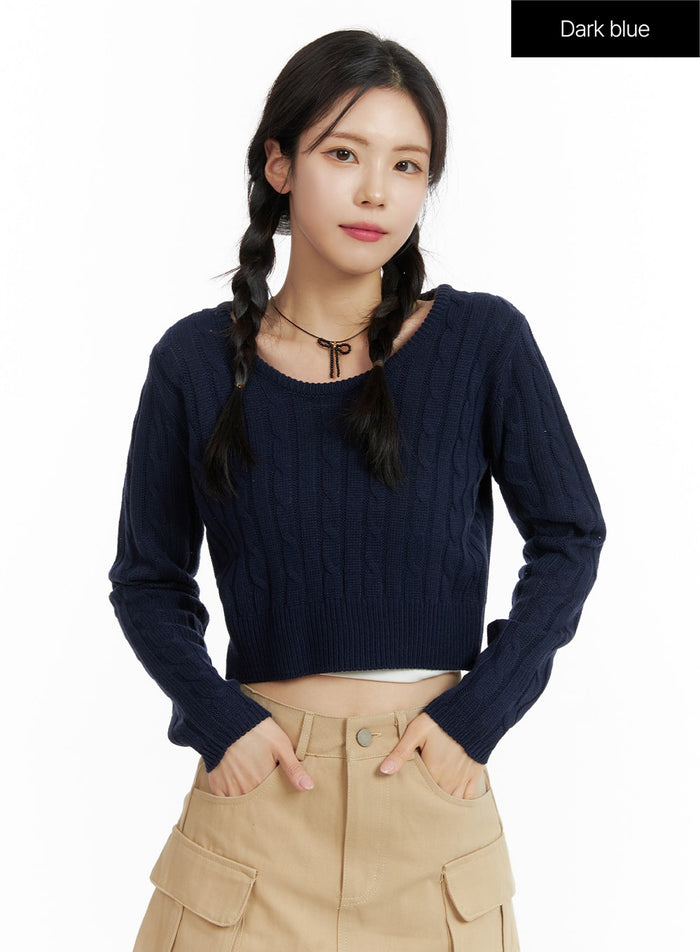 round-neck-crop-cable-sweater-of408 / Dark blue