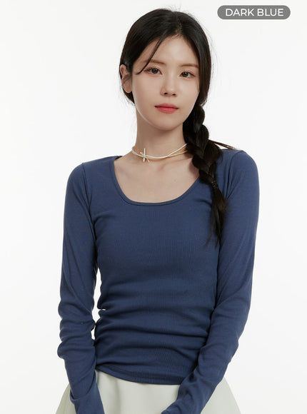 basic-cotton-u-neck-long-sleeve-tee-oa405 / Dark blue