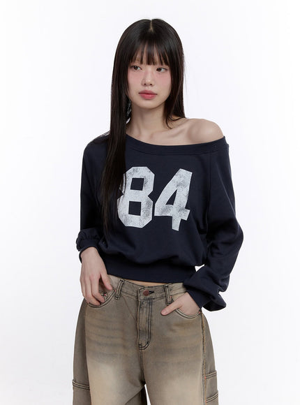 84-graphic-one-shoulder-cropped-sweatshirt-cf512 / Dark blue