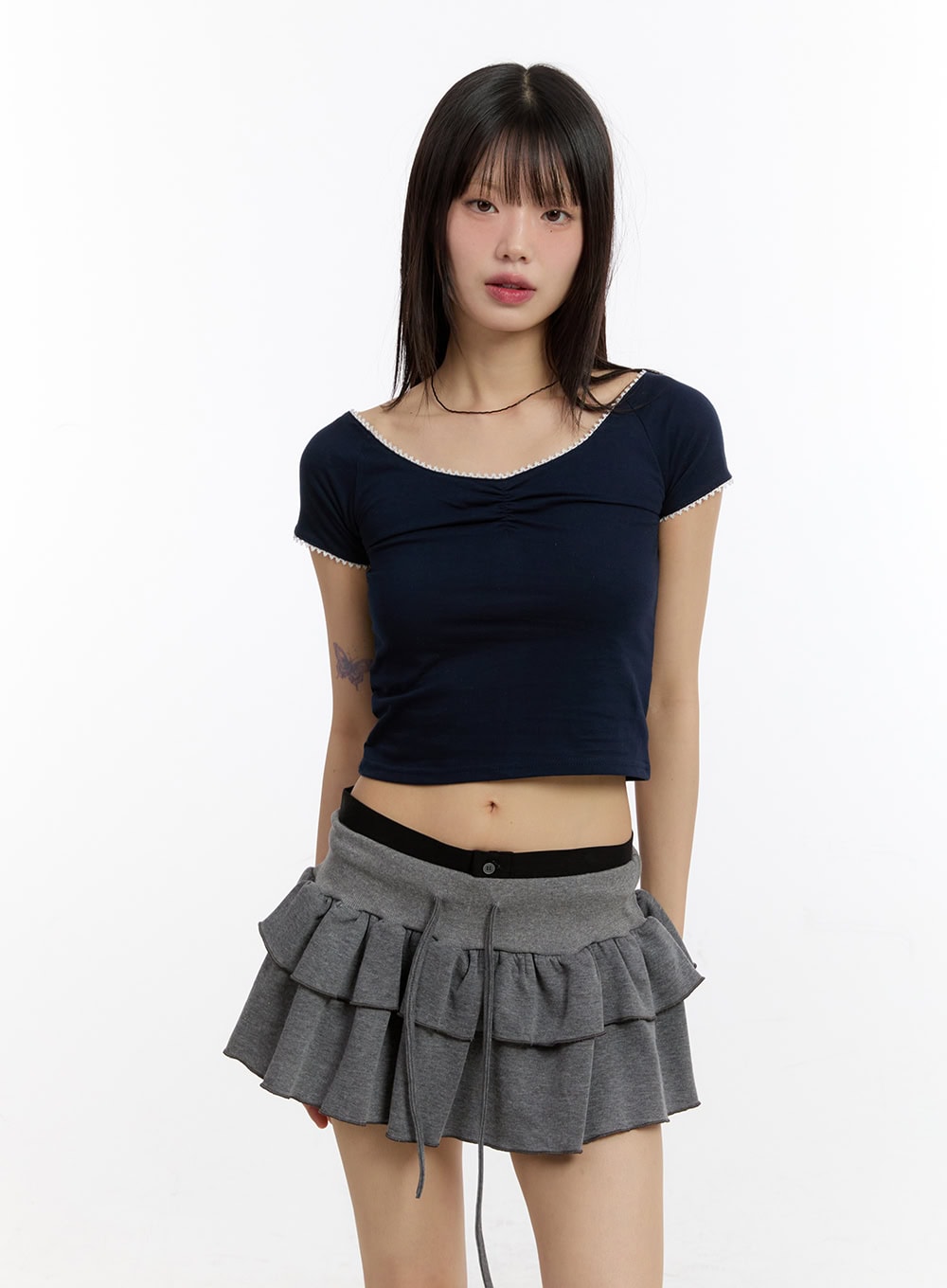 lace-v-neck-crop-top-ca508 / Dark blue