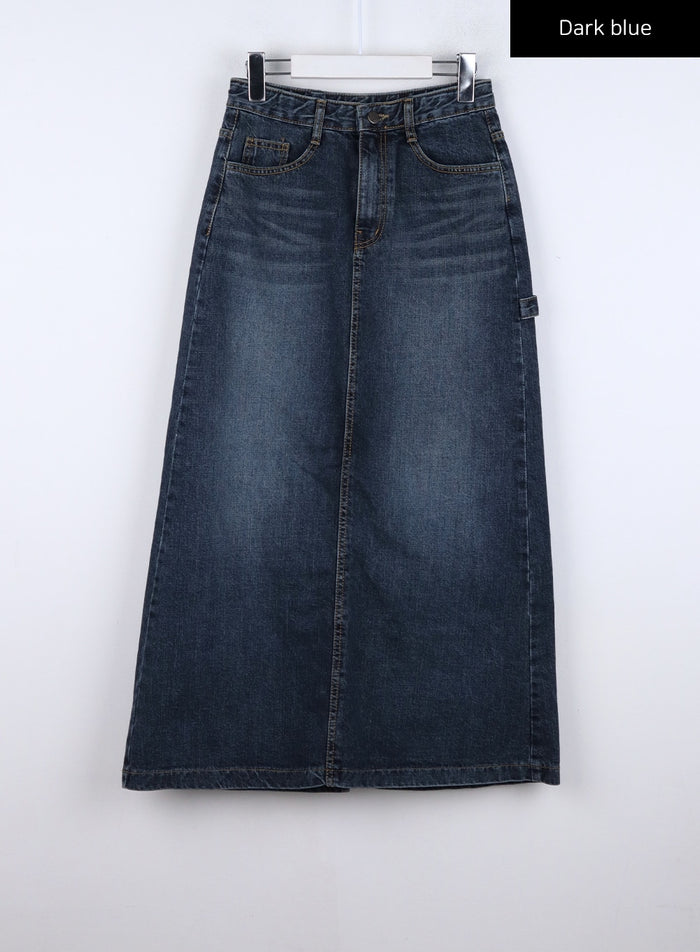 vintage-washed-denim-maxi-skirt-co324 / Dark blue