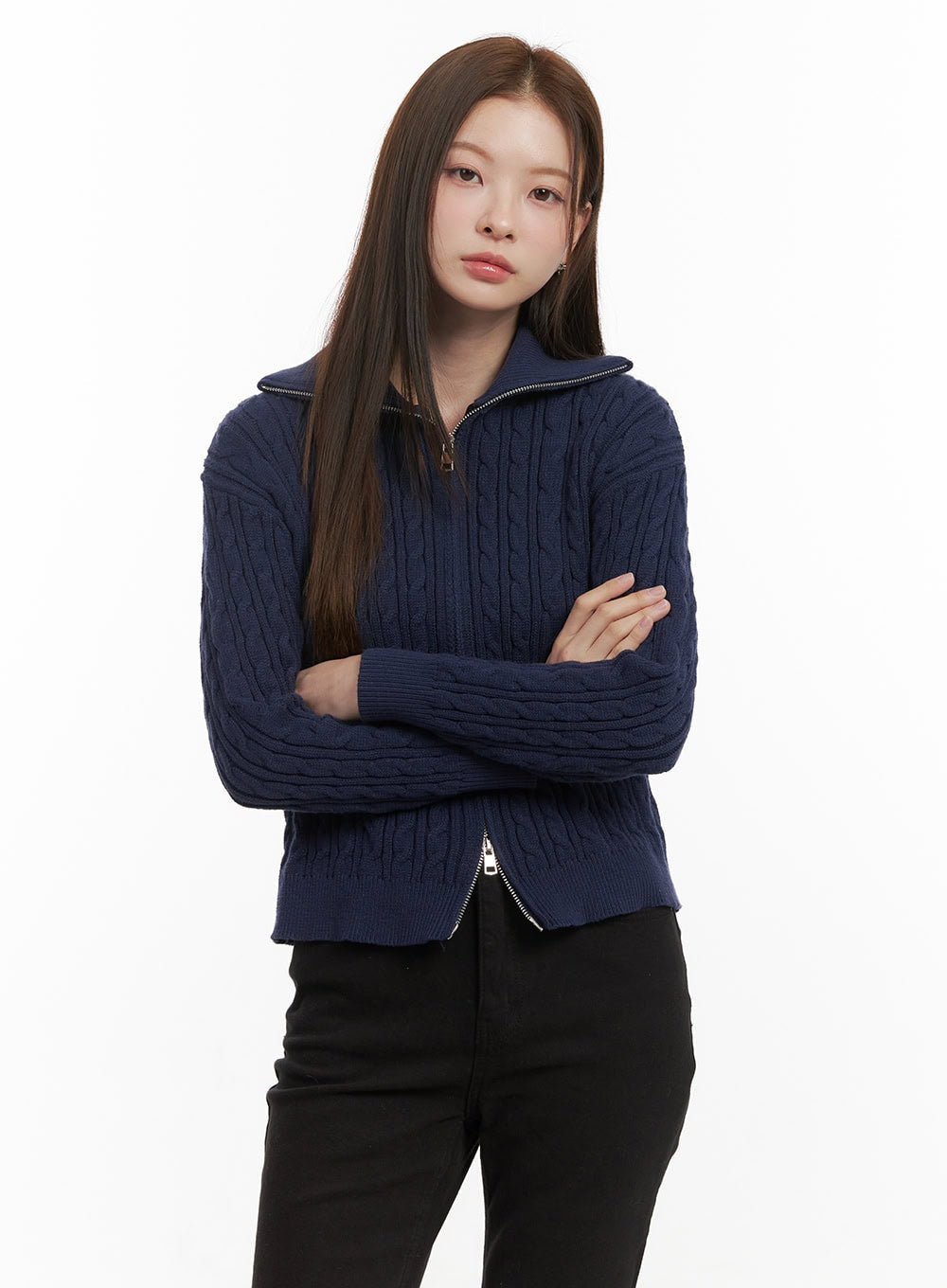 cable-knit-zip-up-cardigan-od418 / Dark blue