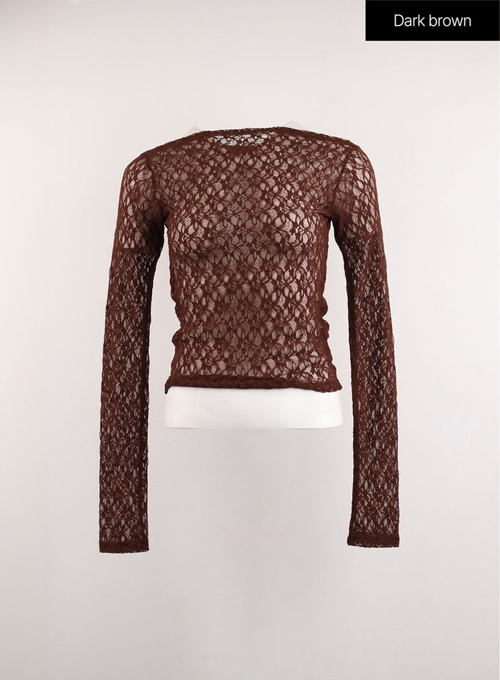 lace-asymmetrical-floral-lace-long-sleeve-top-cj415 / Dark brown