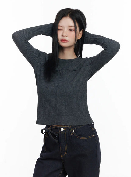 ribbed-cutout-long-sleeve-tee-cj519 / Dark gray