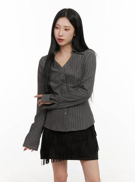 striped-collared-buttoned-blouse-cd409 / Dark gray