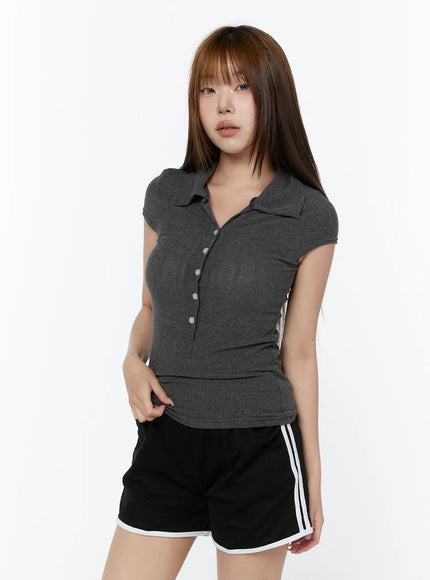 sheer-button-up-polo-shirt-cy518 / Dark gray
