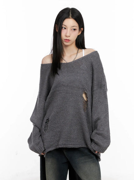 distressed-loose-knit-sweater-cg522 / Dark gray