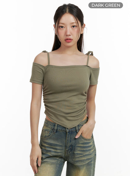 shoulder-strap-off-shoulder-crop-top-cl431 / Dark green