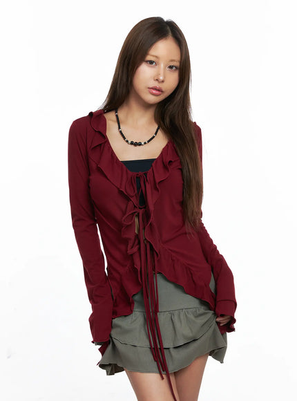 ruffle-front-tie-cardigan-co510 / Dark red