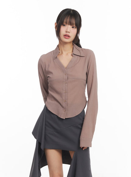 sheer-collared-button-down-shirt-ca518 / dark pink
