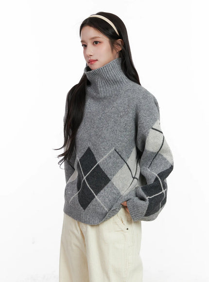 Argyle Turtleneck Knit Sweater CN526