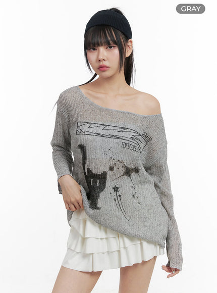 printed-off-shoulder-knit-top-os409 / Gray
