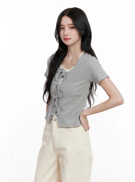 ribbon-tie-short-sleeve-tee-cl516 / Gray