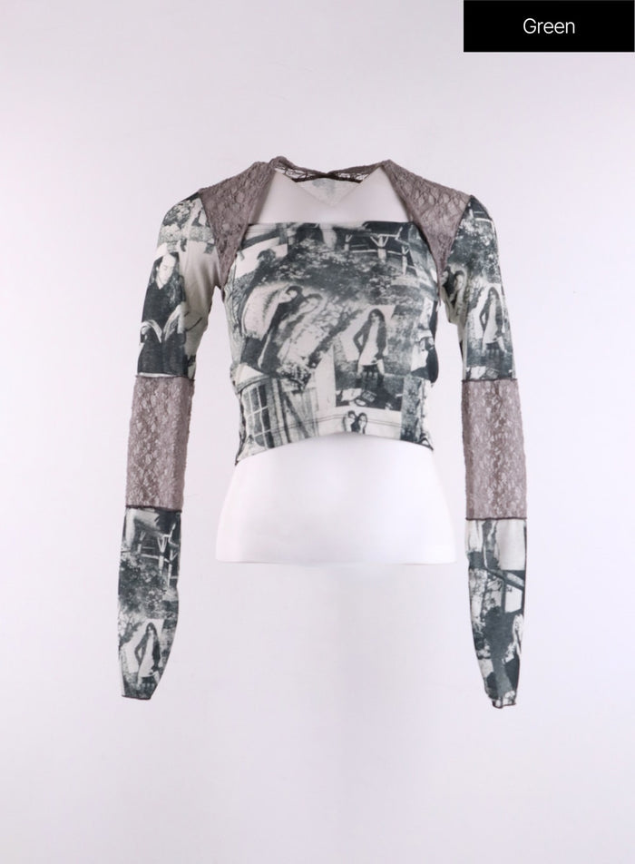lace-graphic-printed-crop-top-cf407 / Green