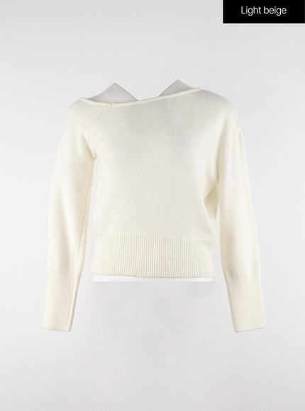 solid-asymmetrical-neck-long-sleeve-knit-top-od320 / Light beige