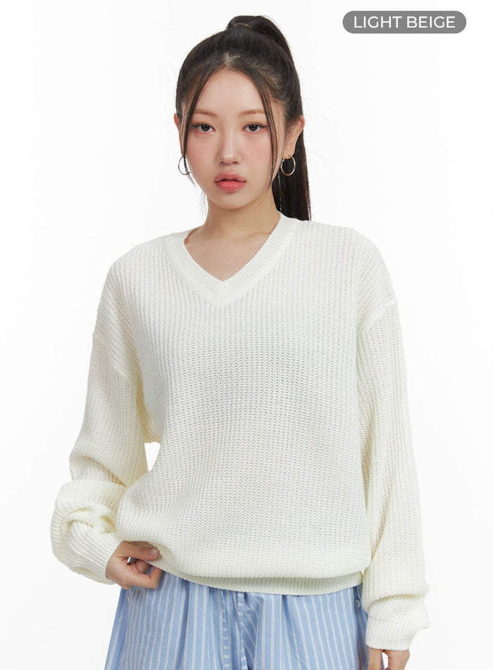 oversized-v-neck-waffle-knit-sweater-oa415 / Light beige