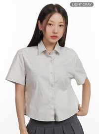 basic-collar-crop-shirt-ou403 / Light gray