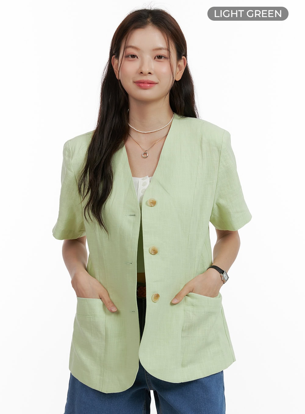 linen-buttoned-short-sleeve-jacket-ou413 / Light green