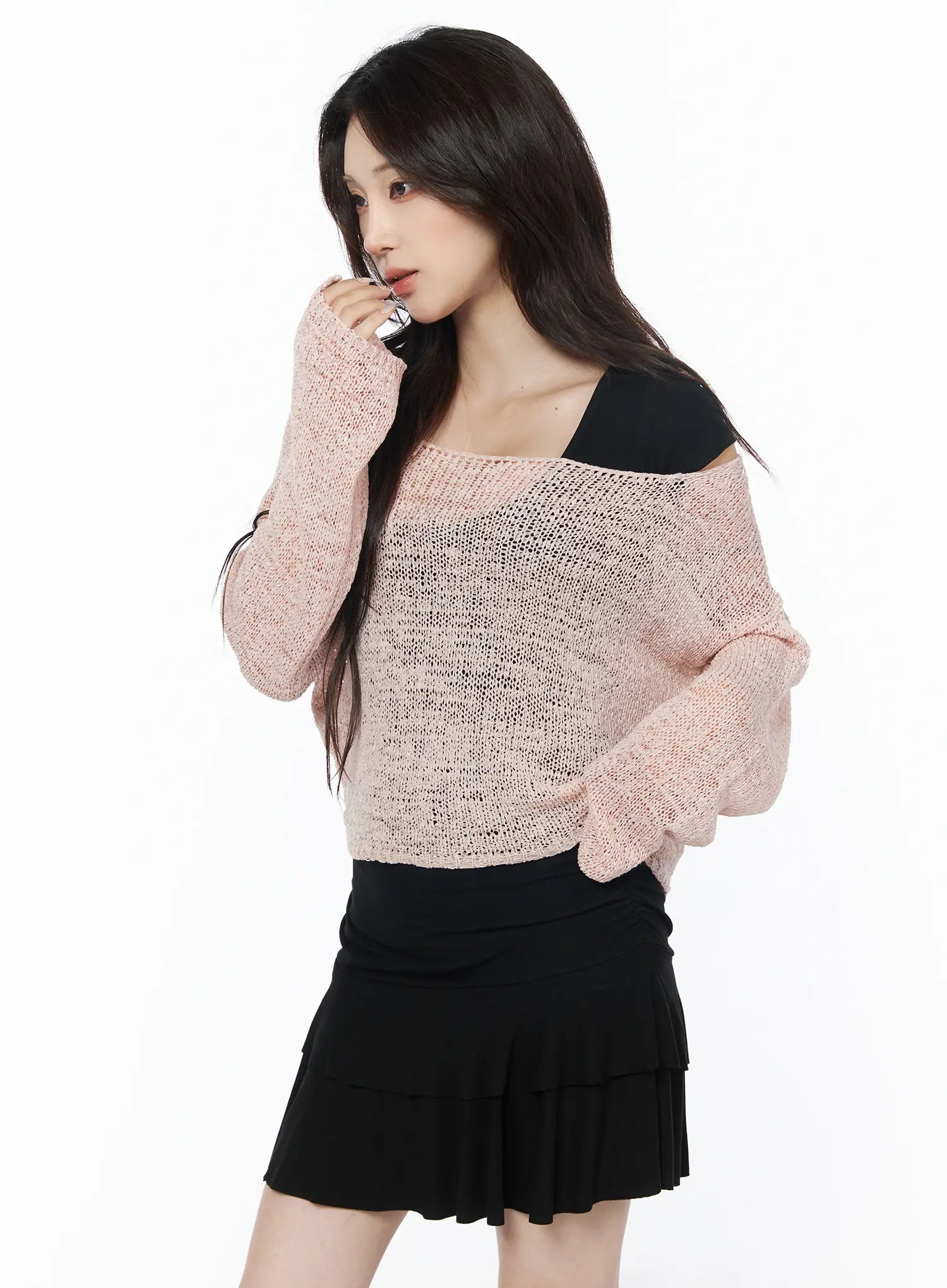 sheer-knit-relaxed-sweater-cu504 / Light pink