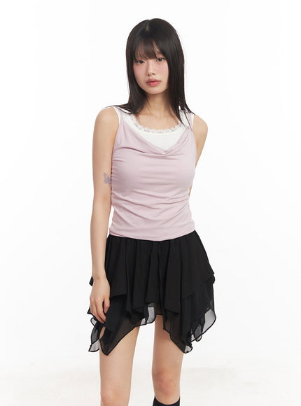slim-fit-layered-lace-tank-top-ca523 / Pink