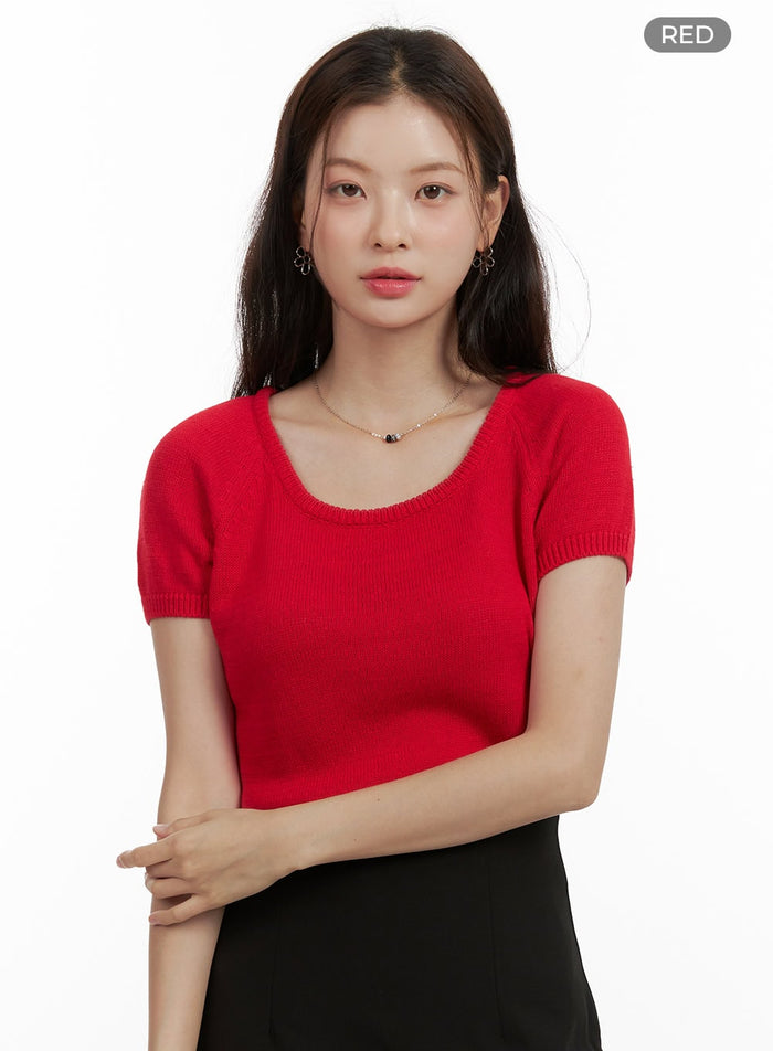 round-neck-short-sleeve-knit-top-ou411 / Red