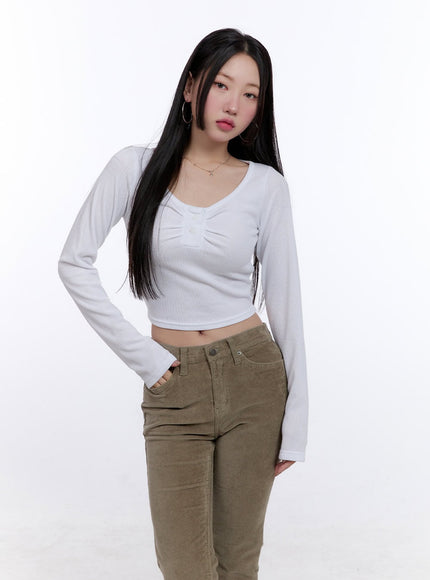 Shirred Long-Sleeve Buttoned Crop Tee CJ513