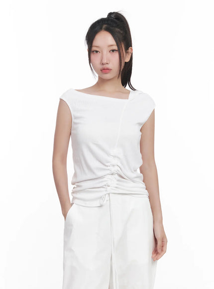 asymmetric-hooded-sleeveless-top-cu517 / White