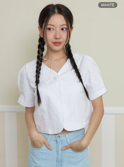 minimal-v-neck-short-sleeve-crop-jacket-oy424 / White