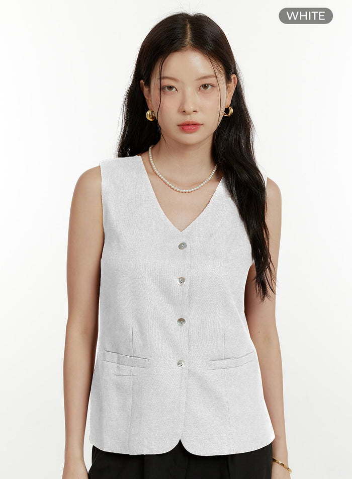 linen-v-neck-sleeveless-vest-ou419 / White