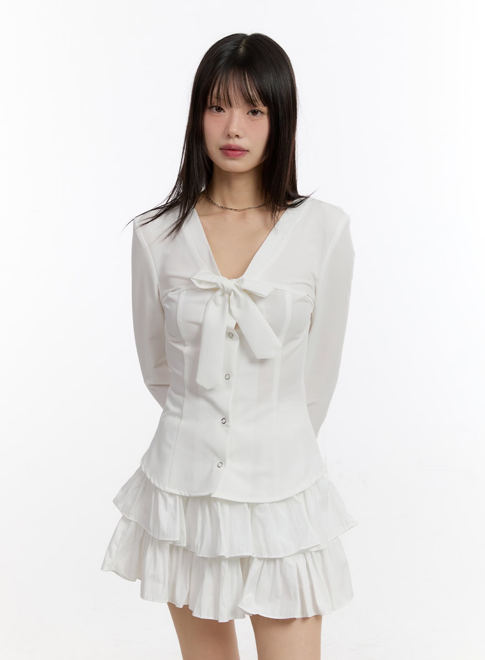 ribbon-tie-v-neck-blouse-top-ca509 / White