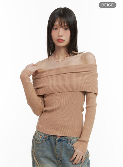 basic-off-shoulder-knit-sweater-co410 / Beige